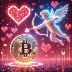 Celebrate Valentine's Day with Love and Technology! Bitcoin Sparks Heart, AI Cupid Shoots Arrow of Love, Cryptocurrency Growth Chart, The Perfect Mix of Romance, Wealth and Innovation