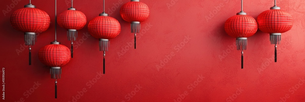 Poster the image features vibrant red lanterns hanging against a solid red wall, creating a festive and tra
