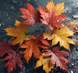 Fototapeta premium The vibrant colors of autumn leaves are contrasted with water droplets, texture, outdoor, landscape