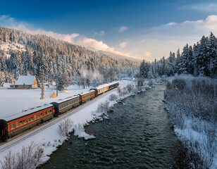 Winter Train Journey Through Snowy Mountains, Coniferous Forest