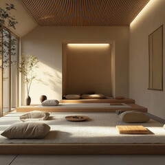 Zen inspired minimalist meditation room with natural light, wooden elements, and soft cushions creating serene atmosphere. Perfect for relaxation and mindfulness