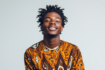 Obraz premium Vibrant, joyful portrait of a young black man, aged 20-40, in a colorful, radiant scene. The fantasy lighting highlights his expressive, positive energy, showcasing a lively personality.
