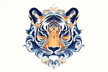 Fototapeta premium A detailed artistic tiger head illustration in blue and gold with intricate ornamental patterns creating a majestic and elegant design 