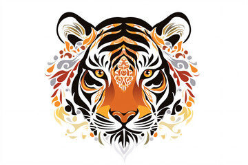 Obraz premium A stunning tiger face illustration featuring intricate floral and ornamental designs in bold orange black and white with a symmetrical structure 