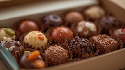 Assorted chocolate truffles in decorative packaging.