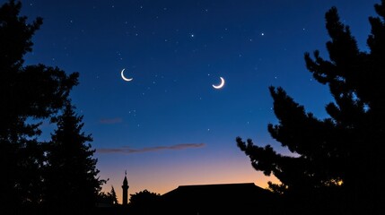 Naklejka premium A crescent moon and a shining star in a tranquil night sky, with a silhouette of a mosque in the background.