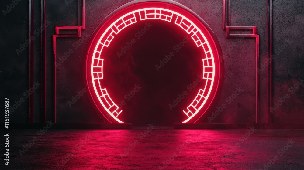 Poster a glowing red circular portal set against a dark, textured background, creating a mysterious and fut