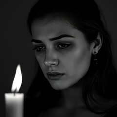 A young woman gazes pensively at a candle flame, lost in thought. The monochrome palette accentuates the somber mood.