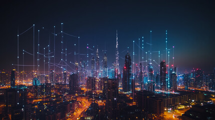 Fototapeta premium Smart digital city with connection cyber security network reciprocity over the cityscape . future smart wireless digital city and social media networking systems that connects people within the city