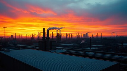 Obraz premium Silhouetted industrial skyline under a fiery sunset, showcasing the stark contrast between nature's beauty and human industry