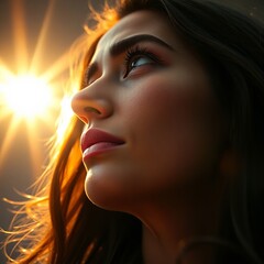 Young woman gazes at the setting sun, her face illuminated by warm, golden light. A serene and hopeful moment.