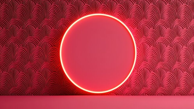 A minimalistic design featuring a glowing red circle against a textured pink wall, creating a striking visual contrast.