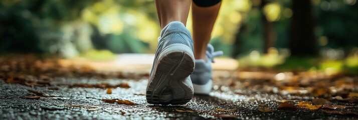 A person runs on a peaceful path covered with autumn leaves, showcasing fitness and nature's beauty.