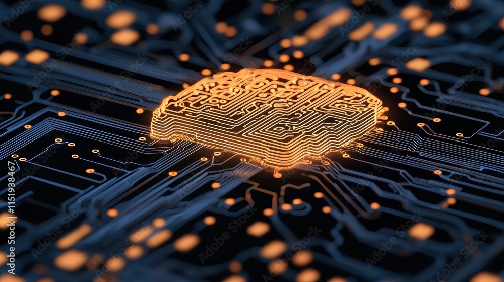 Poster a vibrant, close-up view of a circuit board with glowing elements, showcasing intricate patterns and