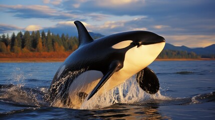 Obraz premium Majestic Orca Leaping at Sunset in the Pacific Northwest