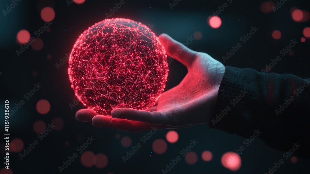 Poster a hand holds a glowing red sphere, symbolizing a digital or futuristic concept, surrounded by floati