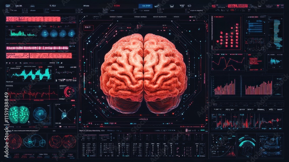 Poster a futuristic digital interface displaying a detailed brain model, accompanied by various data visual
