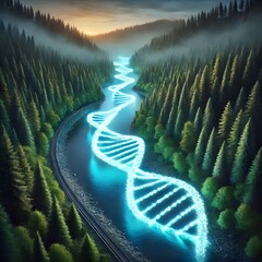 A river shaped like a glowing DNA strand winding through a forest.
