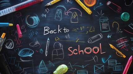 Chalkboard promotion for back to school featuring discounts on supplies, vibrant colors, engaging design, inviting atmosphere
