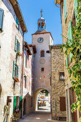 Châtillon en Diois, in the Drôme department, southeastern France. The  fortified gate and the Clock Tower built around 1725. One of Most Beautiful Villages of France.