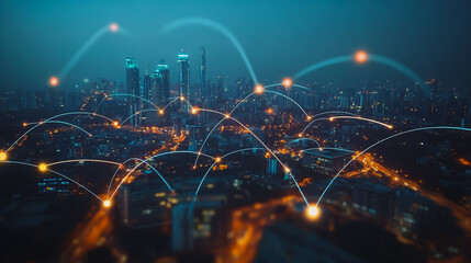 Obraz premium Smart digital city with connection cyber security network reciprocity over the cityscape . future smart wireless digital city and social media networking systems that connects people within the city