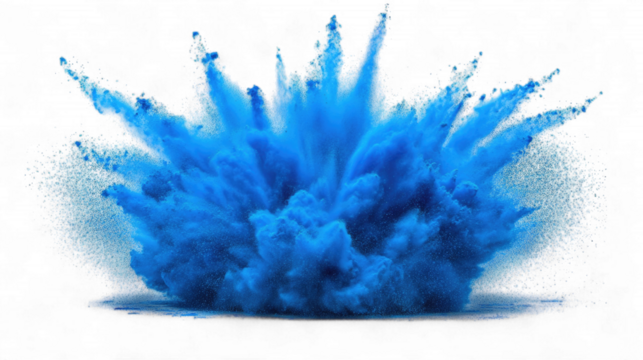 Vibrant blue powder explosion isolated on transparent background, PNG