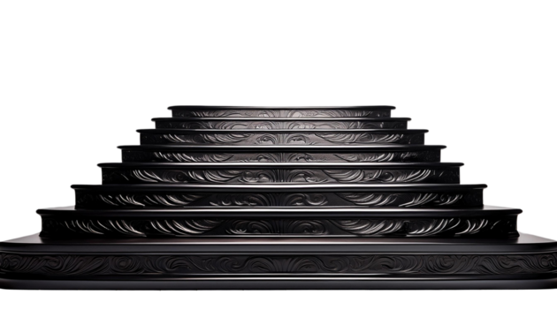 Elegant black step platform showcasing intricate designs and architecture.