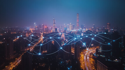 Obraz premium Smart digital city with connection cyber security network reciprocity over the cityscape . future smart wireless digital city and social media networking systems that connects people within the city