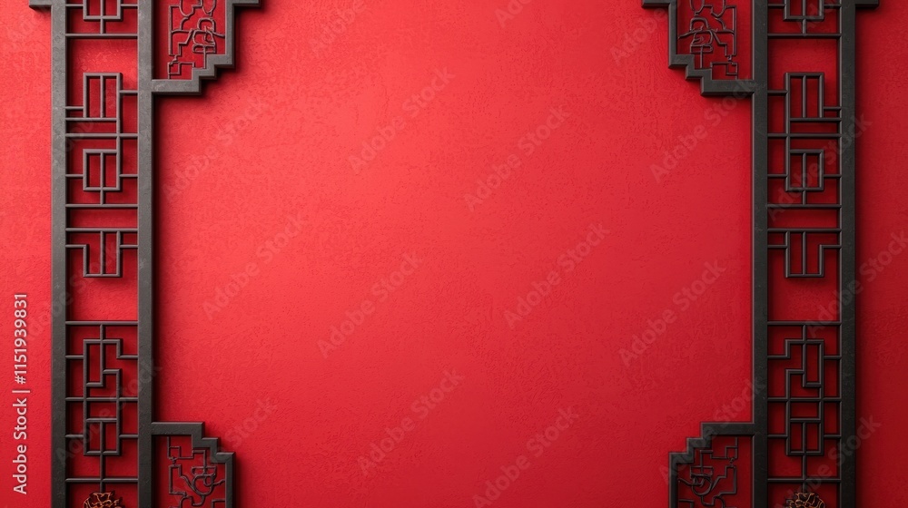 Poster a vibrant red background framed with intricate black patterns, creating a striking and elegant desig