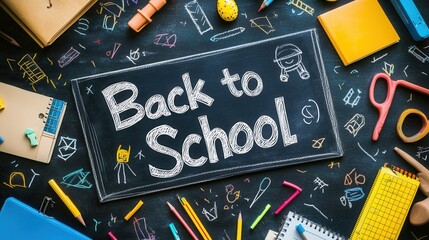 Back to School Essentials List on Chalkboard, highlighting necessary books and supplies for students in a classroom setting