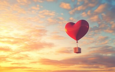 Fototapeta premium A 3D heart-shaped balloon floating gracefully in the sky, carrying a small gift box below. The scene is bathed in the soft, golden hues of a sunset