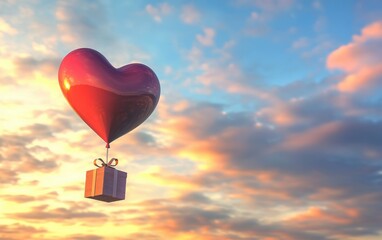 Fototapeta premium A 3D heart-shaped balloon floating gracefully in the sky, carrying a small gift box below. The scene is bathed in the soft, golden hues of a sunset