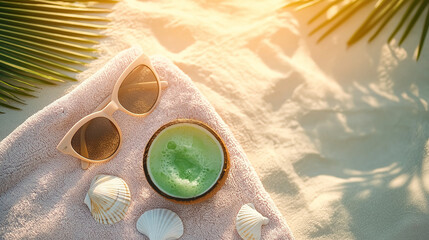 Sunglasses, seashells, and a starfish on a sandy beach towel