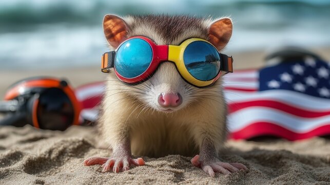 Opossum with Colorful Goggles on a Patriotic USA Flag Canvas