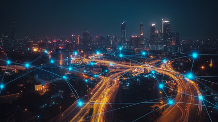 Fototapeta premium Smart digital city with connection cyber security network reciprocity over the cityscape . future smart wireless digital city and social media networking systems that connects people within the city