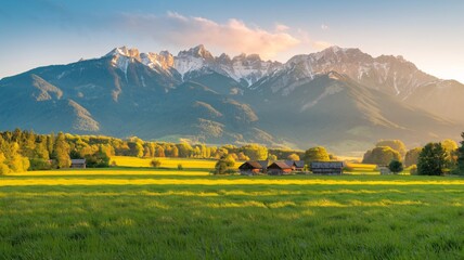 landscape photograph of a vibrant green meadow stretching towards a majestic mountain range. 