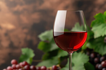 Elegant red wine glass surrounded by fresh grapes on a rustic background