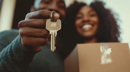 A joyful couple smiles while holding up house keys in their hand, surrounded by a warm and inviting interior. They stand beside a packed box, symbolizing their new beginning in real estate.