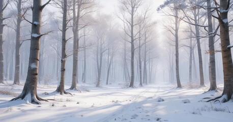 Delicate watercolor painting of a serene winter forest with bare trees and snow-covered ground, snow-covered grounds, peaceful atmosphere