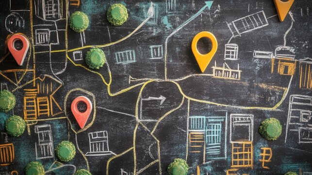 Chalkboard Map of Educational Event, detailed session locations outlined, vibrant colors, engaging layout, informative and interactive design