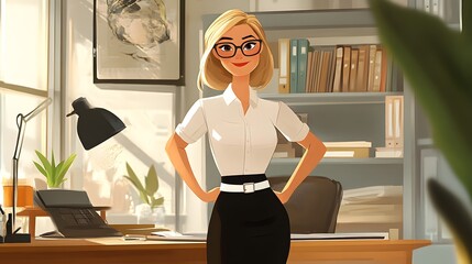 A cartoon-style depiction of a business woman in an office setting