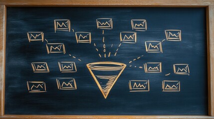 Marketing Funnel Diagram on Chalkboard, Visual Representation of Customer Acquisition Stages, Engaging Educational Tool, Clear and Informative