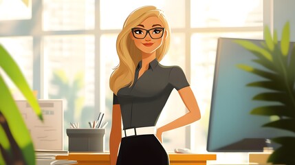 A cartoon-style depiction of a business woman in an office setting