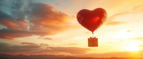 Fototapeta premium A detailed 3D heart-shaped balloon floating in the sky, with a gift box suspended below it. 