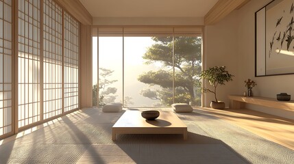 A modern Japandi living space with a clean aesthetic, soft natural lighting, and elegant, functional decor.