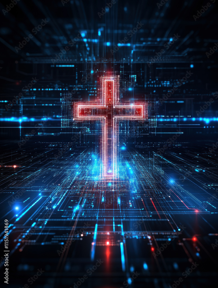 Poster a vibrant digital cross emerges from an abstract network of lights and data, symbolizing the interse