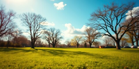 Fototapeta premium A blurry image of a park with trees, green grass, and a blue sky with clouds. The sun is shining brightly, and the trees are casting long shadows on the grass.