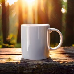 Obraz premium white coffee mug mockup template outside in nature with mountains and trees in the background