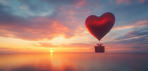 Fototapeta premium A romantic 3D scene featuring a heart-shaped balloon lifting a gift box high into the sunset sky. 