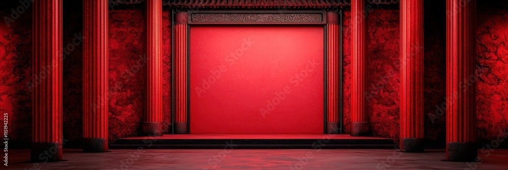 Aufkleber a vibrant red stage with ornate columns, creating an elegant backdrop for performances or presentati